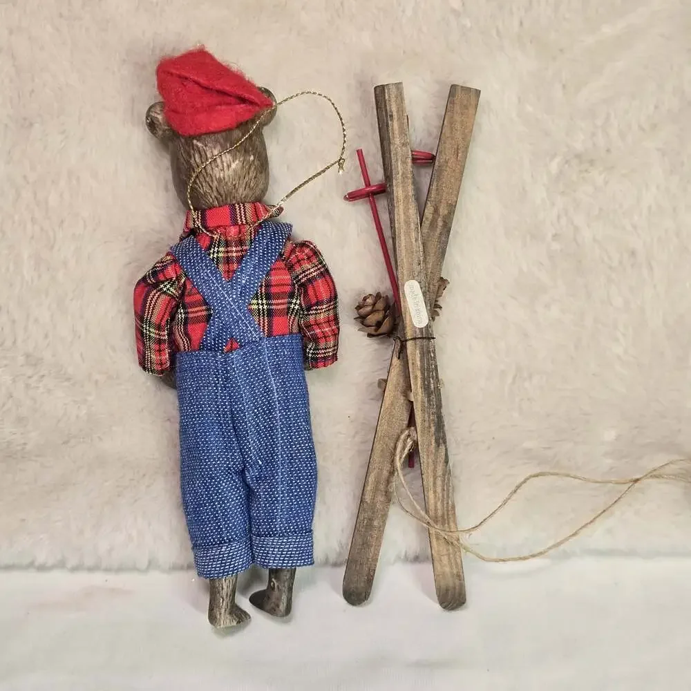 Vintage Ski Bear Ornament Plaid Flannel & Denim Overalls Wooden Skis Rustic Xmas